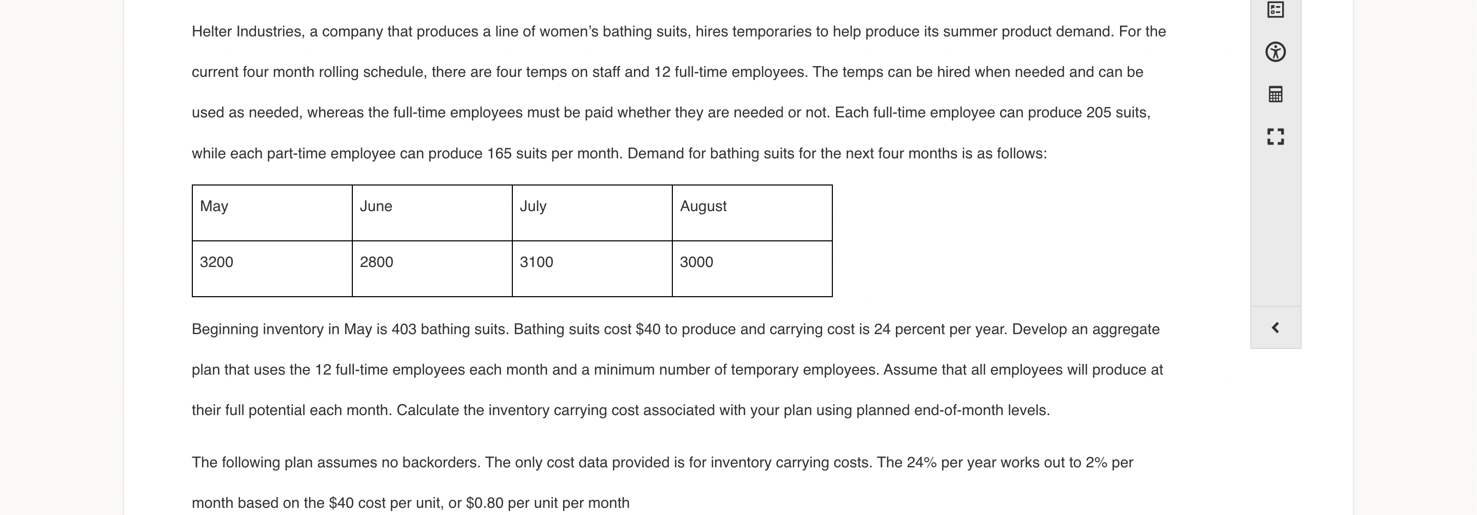 May June July August Forecast Beginning Inventory