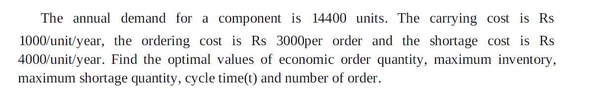 The annual demand for a component is 14400 units.