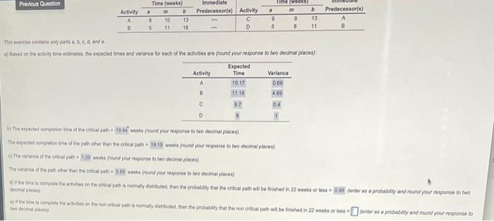 e.) Previous Question b Predecessor(s) Activity A