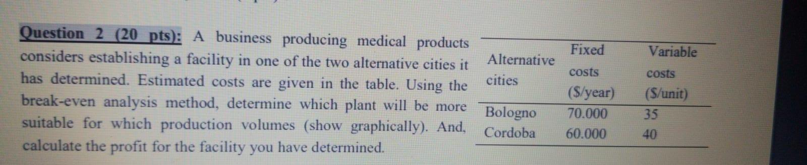 Fixed Variable costs Question 2 (20 pts): A