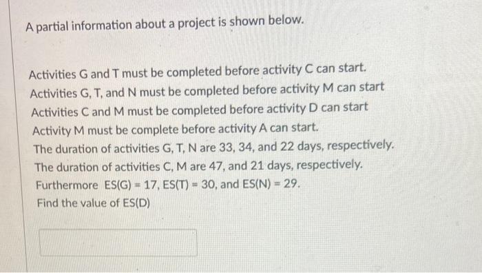 A partial information about a project is shown