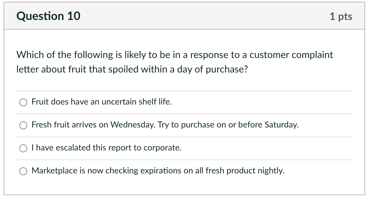 Question 10 1 pts Which of the following is