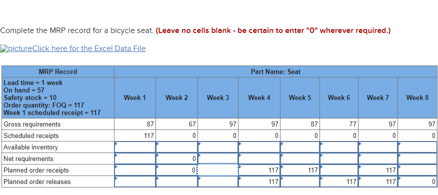 Complete the MRP record for a bicycle seat.