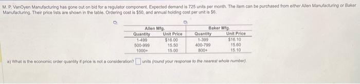 9 Manulacturing. Their price lists are shown in
