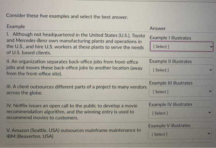 Consider these five examples and select the best
