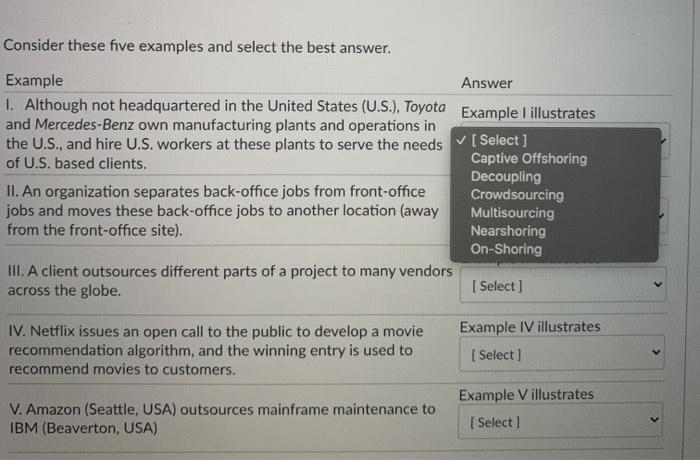 Consider these five examples and select the best
