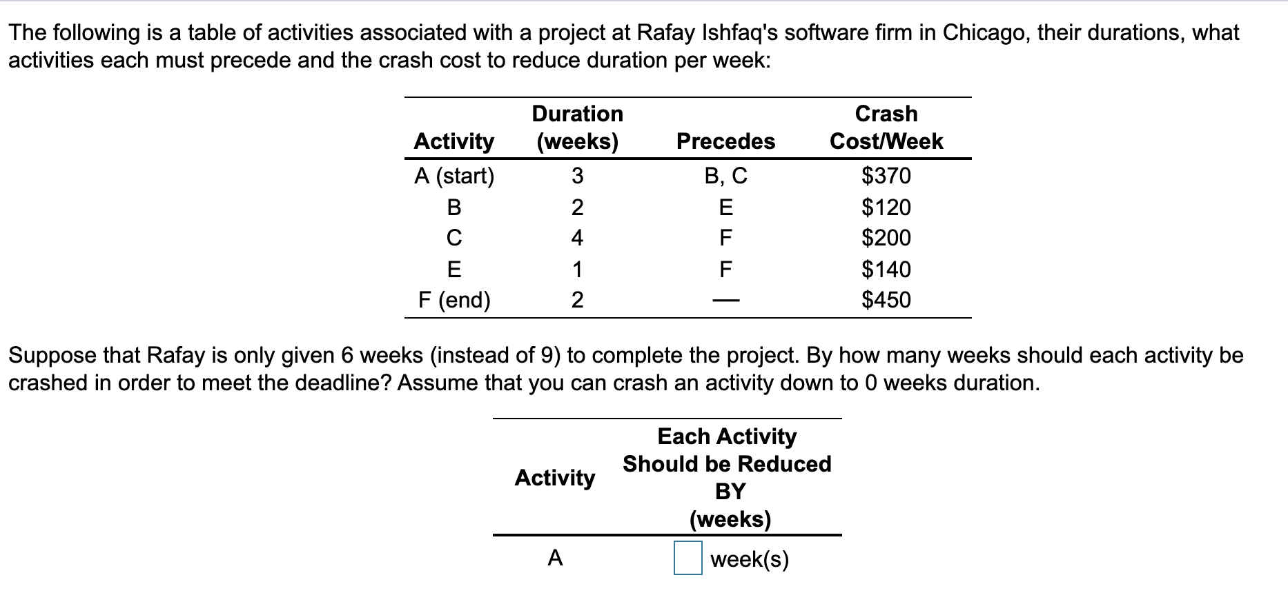A ?? week(s) B ?? week(s) C ?? week(s) E ??