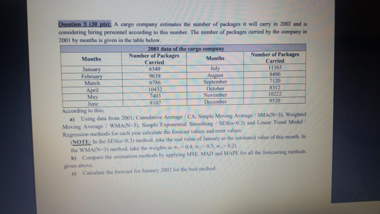 Question 5 (30 pts): A cargo company estimates