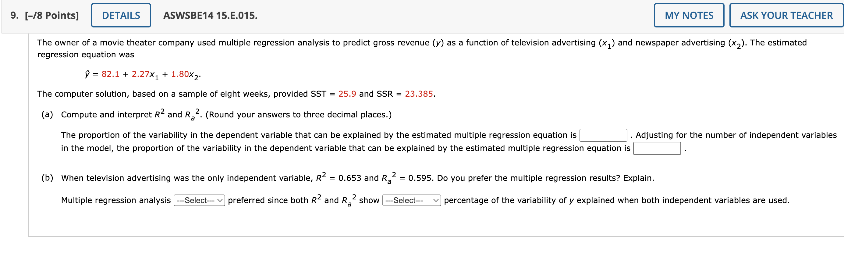 [-/8 Points] ASWSBE14 15.E.015. regression