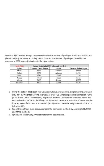 Question 5 (30 points): A cargo company estimates