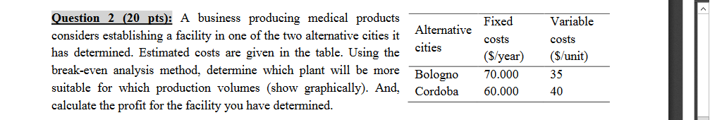 Fixed Variable Alternative cities Question 2 (20