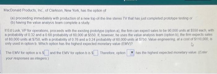 MacDonald Products, Inc, of Clarkson, New York,