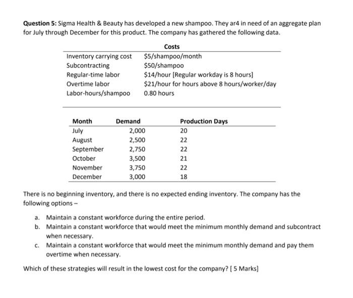 Question 5: Sigma Health \& Beauty has developed