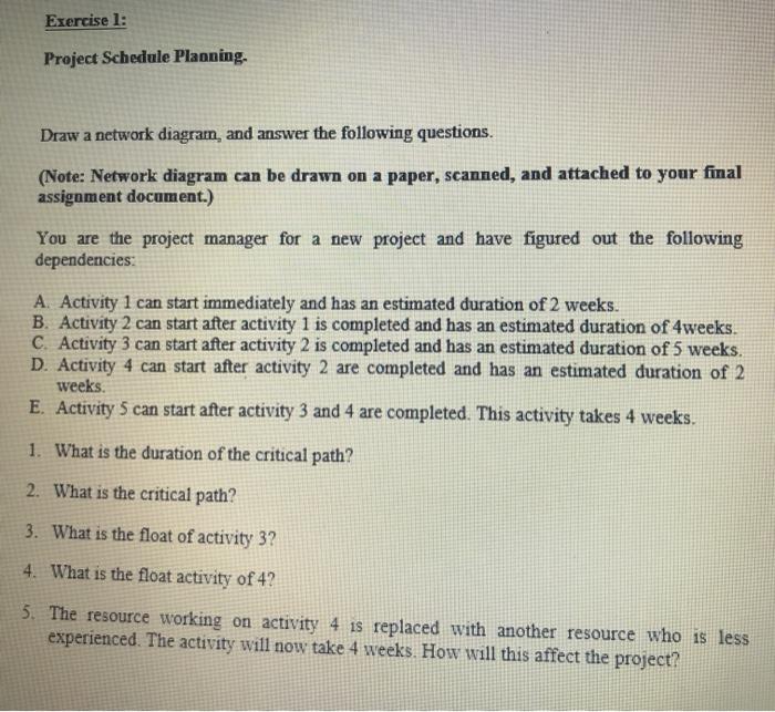 Exercise 1: Project Schedule Planning. Draw a