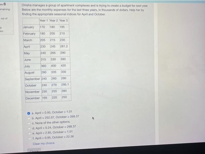 on 8 emaining Onisha manages a group of apartment