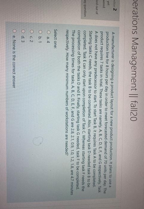 perations Management || fall20 estion 2 yet vered