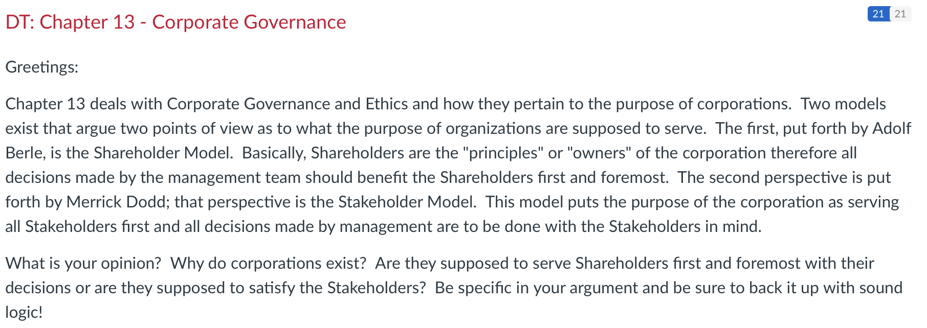 21 21 DT: Chapter 13 - Corporate Governance