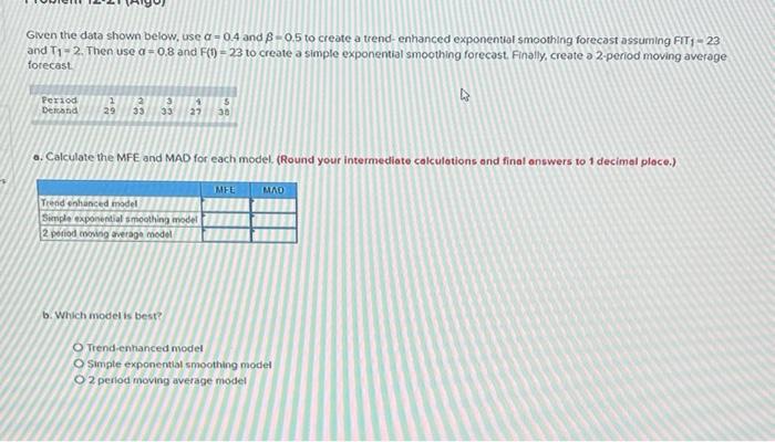 Given the data shown below, use a -0.4 and 8 -05