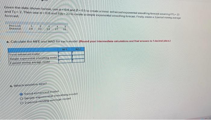 Given the data shown below, use a -0.4 and 8 -05