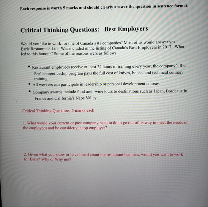 Each response is worth 5 marks and should clearly