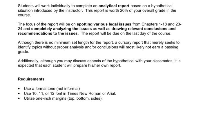 for business 201 Students will work individually