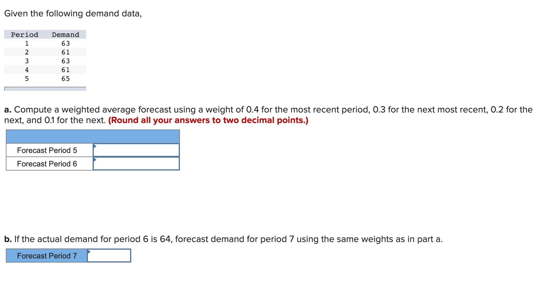 Given the following demand data, Period 1 2 3 4