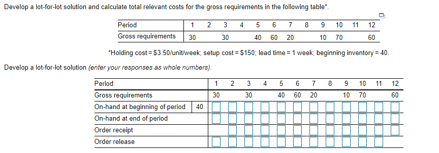 Develop a lot-for-lot solution and calculate
