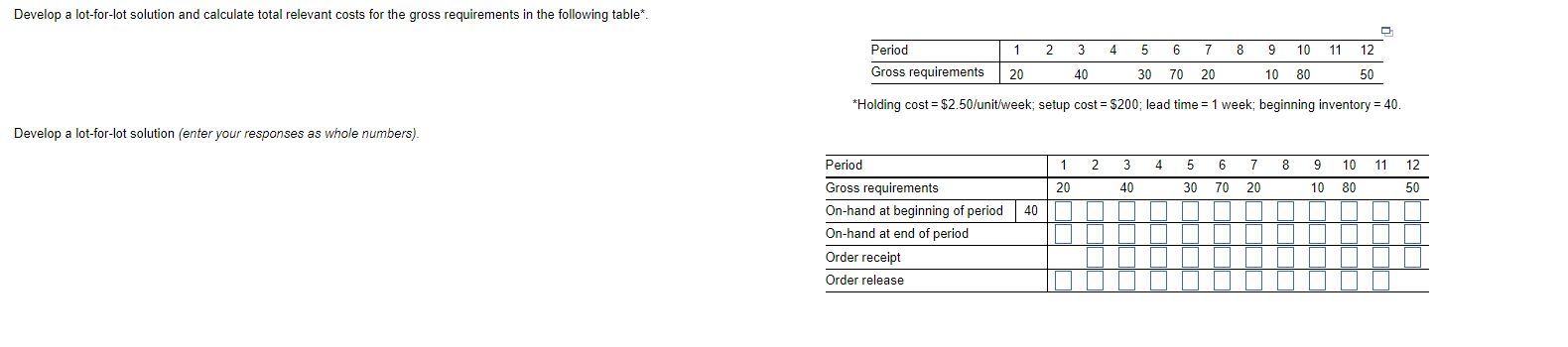 Develop a lot-for-lot solution and calculate
