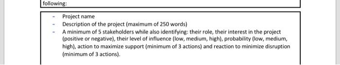 following: Project name Description of the