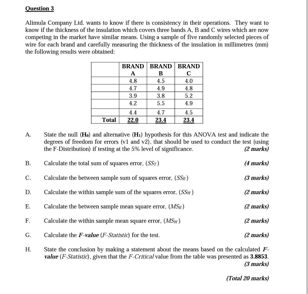 Question 3 Alimula Company Ltd. wants to know if