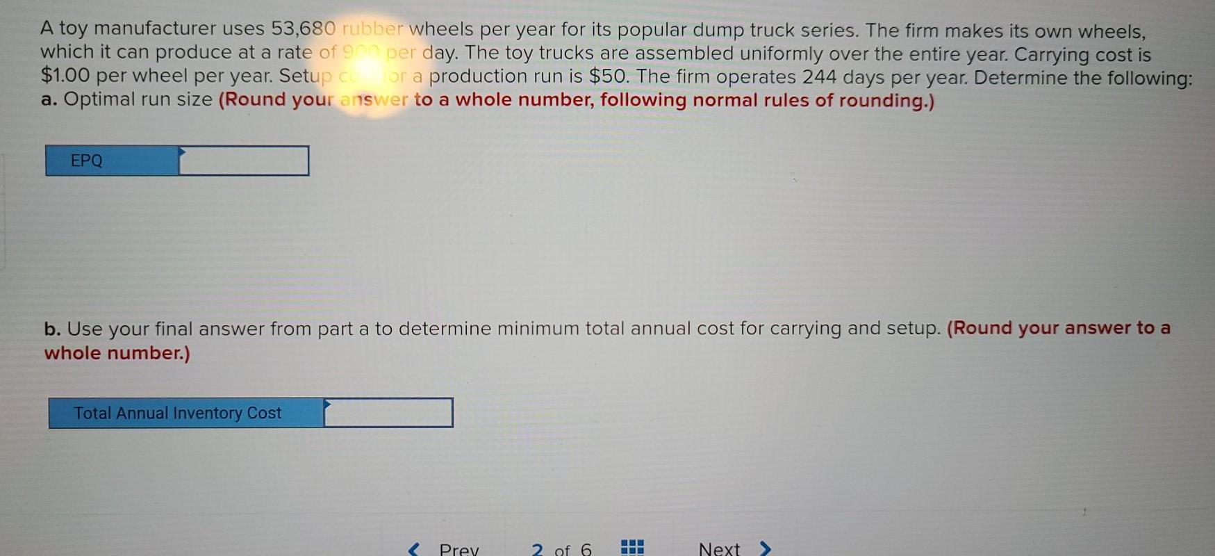 A toy manufacturer uses 53,680 rubber wheels per