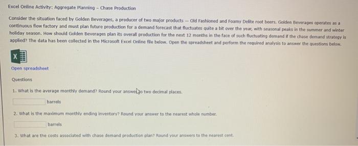 Excel Online Activity: Aggregate Planning - Chase