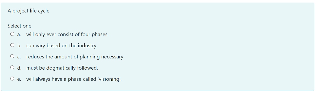 A project life cycle Select one: O a. will only