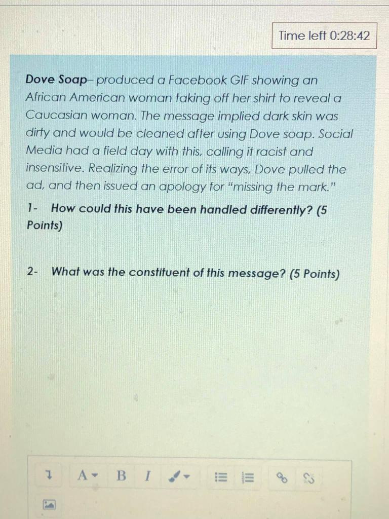 Time left 0:28:42 Dove Soap- produced a Facebook