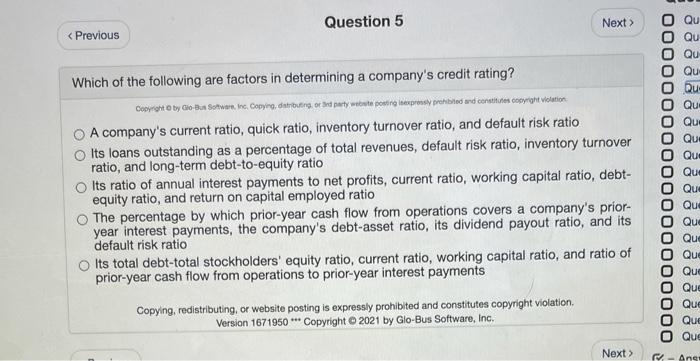 Question 5 Next > < Previous Which of the