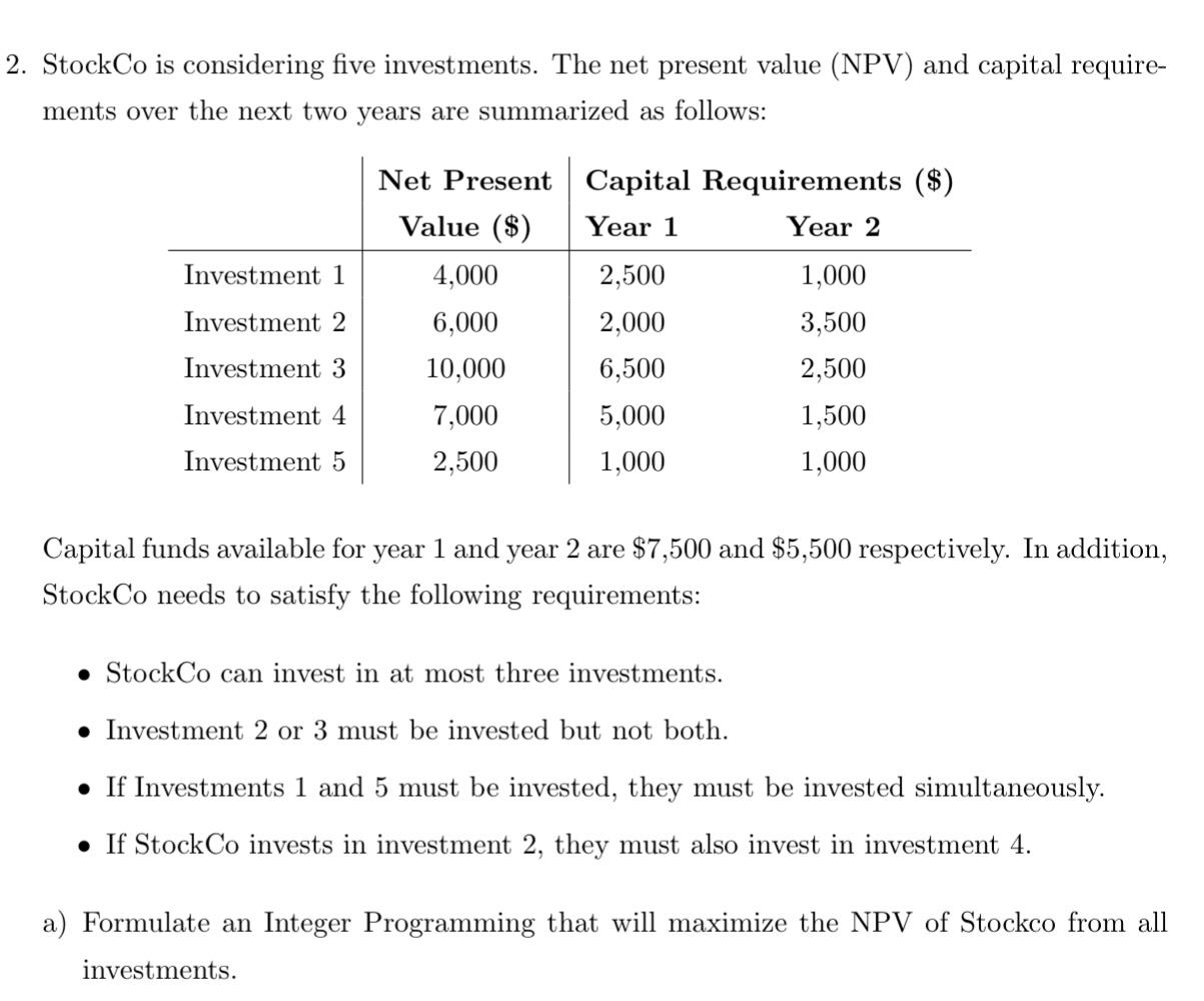 2. StockCo is considering five investments. The