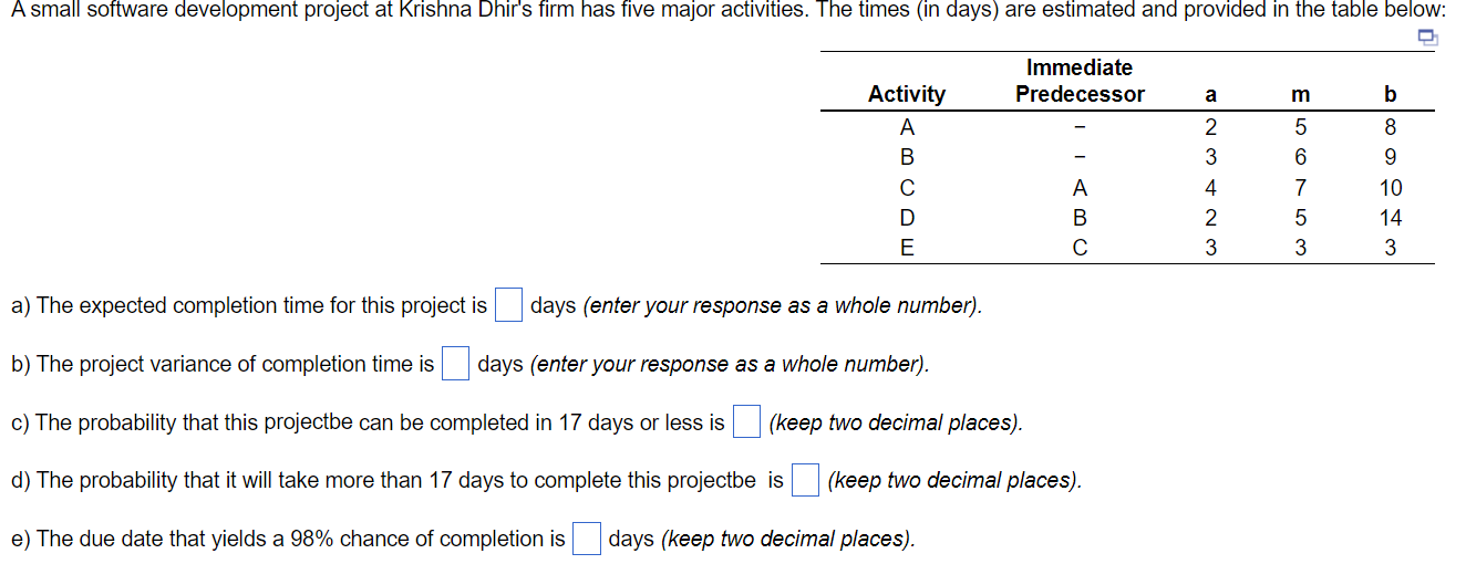 a) The expected completion time for this project