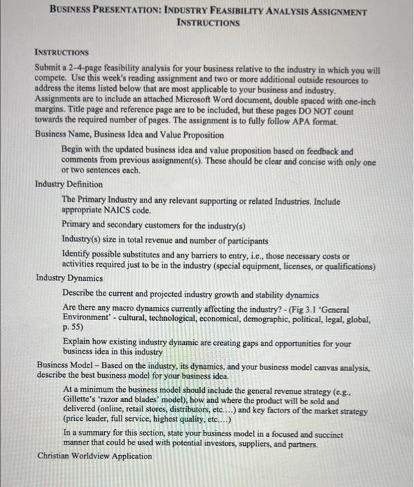 BUSINESS PRESENTATION: INDUSTRY FEASIBILITY