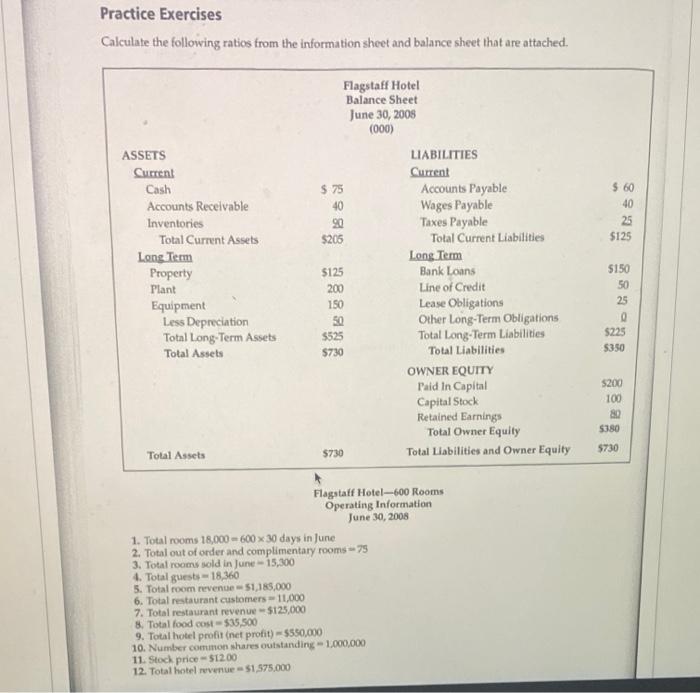 Practice Exercises Calculate the following ratios