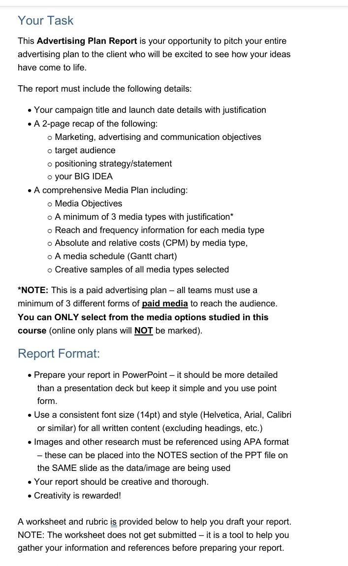 Your Task This Advertising Plan Report is your