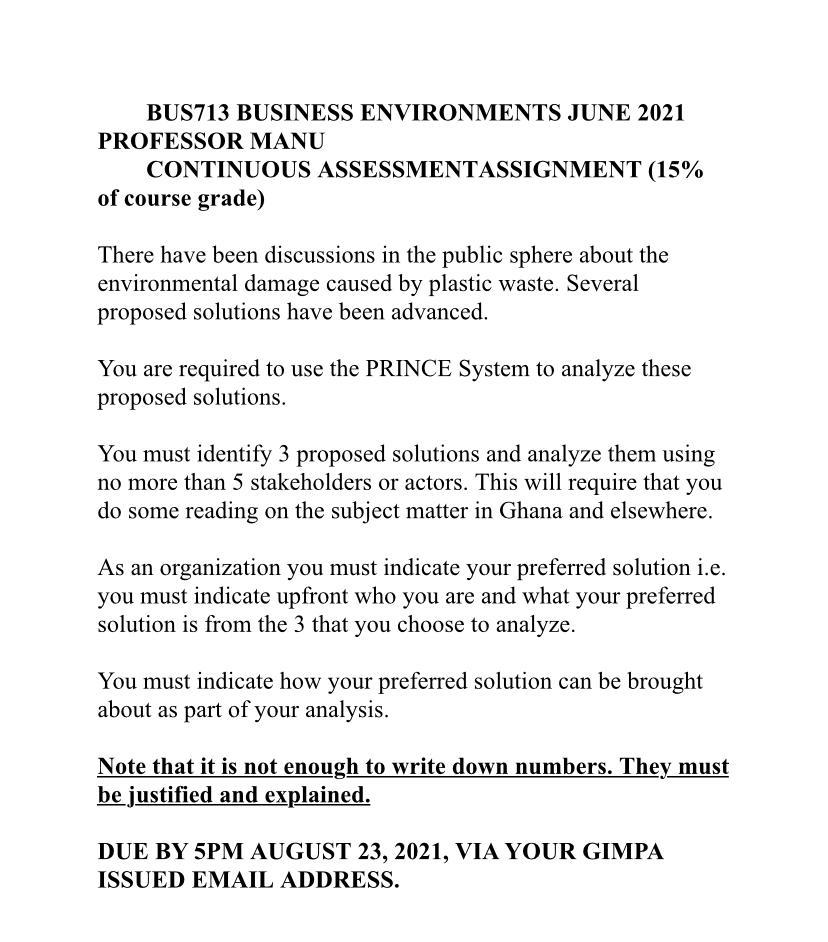 BUS713 BUSINESS ENVIRONMENTS JUNE 2021 PROFESSOR