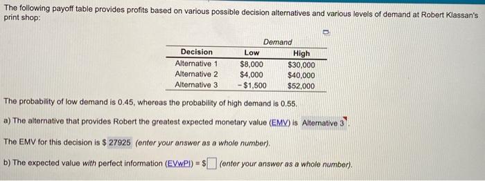 7 The following payoff table provides profits