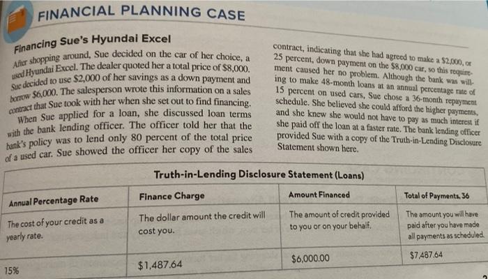 FINANCIAL PLANNING CASE Financing Sue's Hyundai