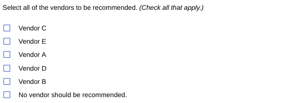 You are in charge of analyzing five new vendors