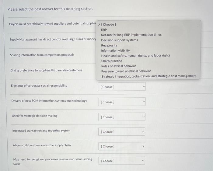 matching questions Please select the best answer