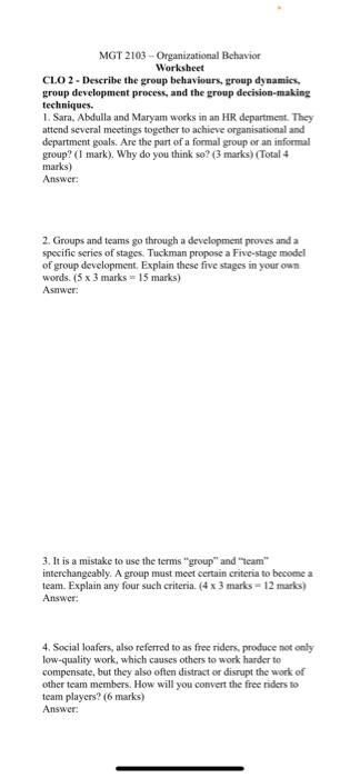 MGT 2103 - Organizational Behavior Worksheet CLO