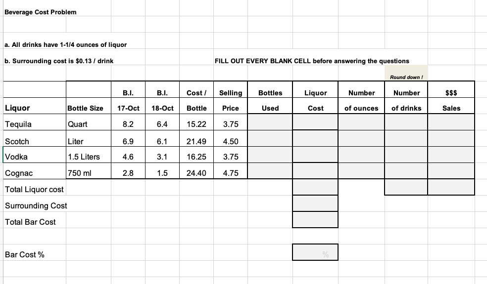 Beverage Cost Problem a. All drinks have 1-1/4