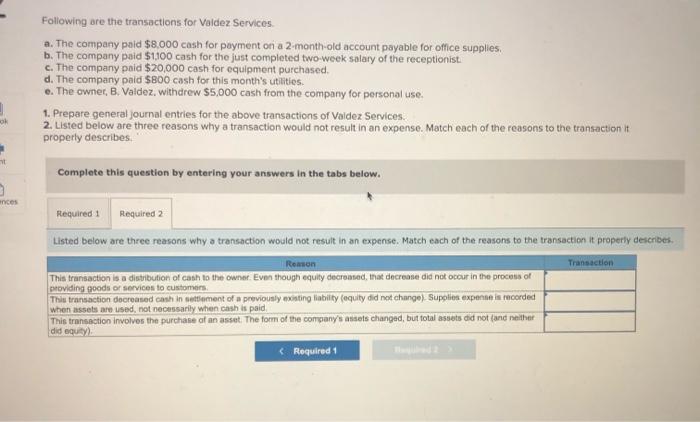 Following are the transactions for Valdez