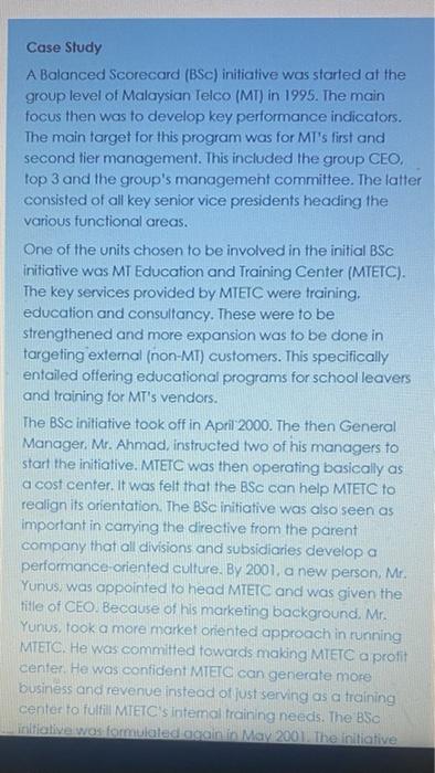 Case Study A Balanced Scorecard (BSc) initiative