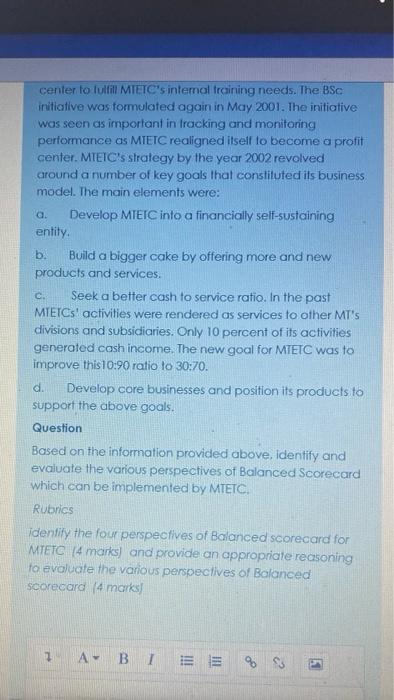 Case Study A Balanced Scorecard (BSc) initiative